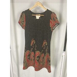 Kroshetta By Papillon Paisley Knit Dress Gray Vintage Boho Sz Small Short EUC